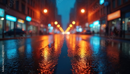 Night city lights reflect on wet asphalt after rain. Orange  blue  yellow neon glow. Blurred street scene  urban landscape. Atmospheric  moody photo with depth of field.