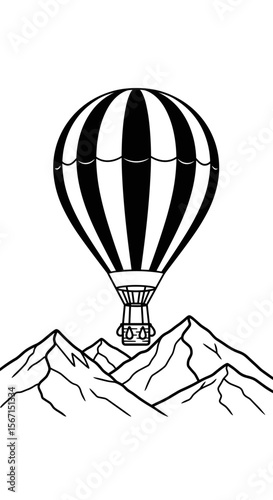 Hot air balloon flying over mountains, symbolizing adventure and exploration in a scenic style