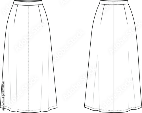 Technical fashion sketch, skirt front view, knee-length designs, waistband, darts, seam details, flat drawing, garment illustration, apparel template, black and white vector