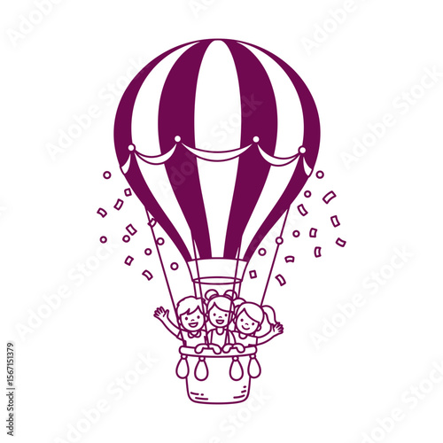 Colorful hot air balloon with children, symbolizing joy and adventure in a festive style
