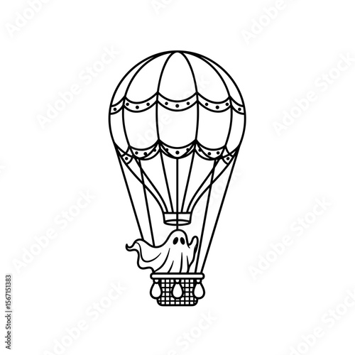 Hot air balloon with a ghost, symbolizing fun and whimsy in a playful style