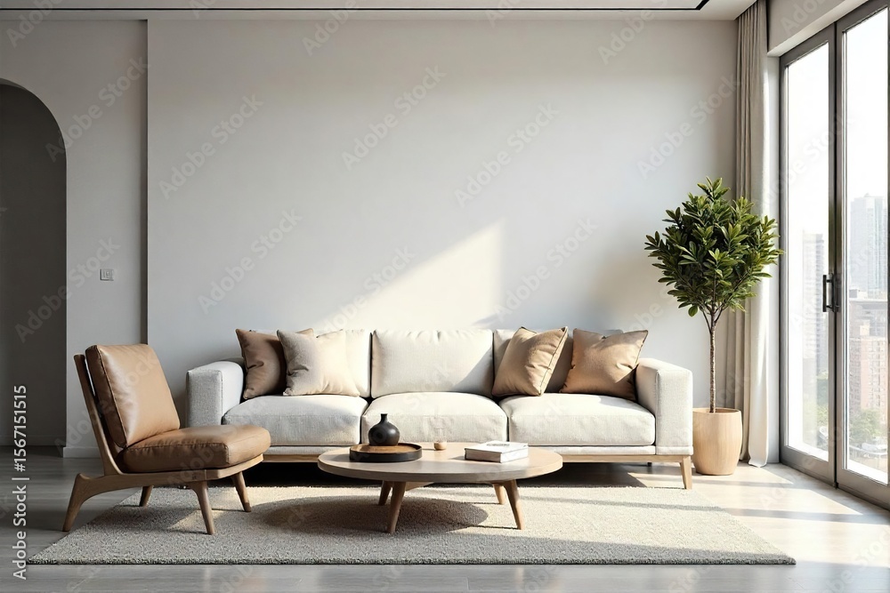 Fototapeta premium Modern Minimalist Living Room Cream Sofa, Coffee Table, and Accent Chair. Neutral Color Palette, Clean Lines, and Stylish Design Perfect for Home Decor Inspiration.