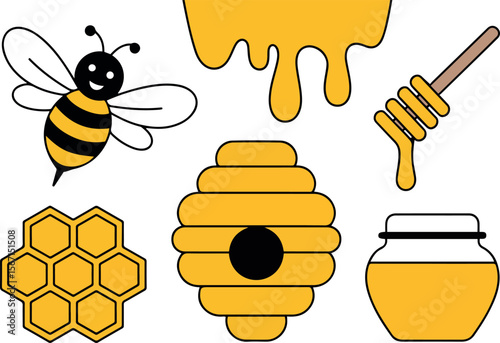 Happy Bee, Honeycomb, Honey Dripping, Jar, Honey Dipper: Cute Cartoon Illustration