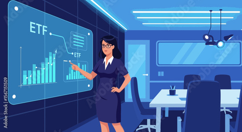 Businesswoman Analyzing Etf Data Displayed On A Digital Screen In Office
