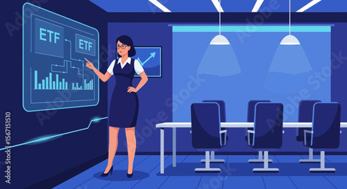 Businesswoman Explains Financial Data on Interactive Display in Futuristic Office