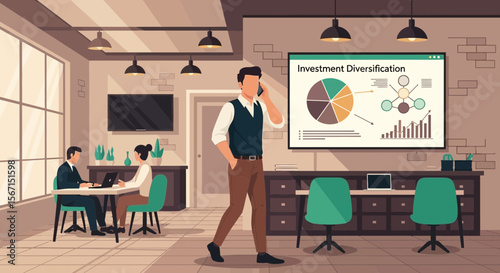 Man Discussing Investment Diversification Over the Phone in Modern Office