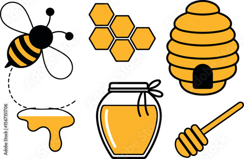 Honeycomb, bee, honey jar, and dipper: cheerful, flat design illustration.