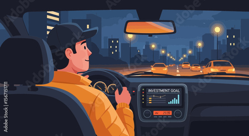 Driving Through The City At Night With Investment Goal Displayed On Dashboard