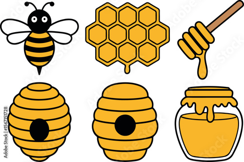 Cute Honey Bee Cartoon Illustration: Honeycomb, Hive, Honey Pot, Dripping Honey