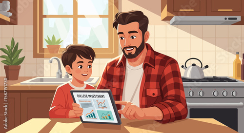 Dad And Son Reviewing Investment Options For Future College Education On Tablet