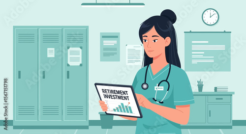 Doctor Examines Retirement Investment Charts on Tablet in Hospital Corridor
