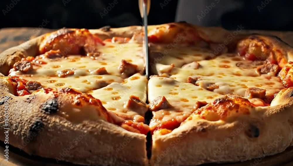 baked  pizza being cut into pieces