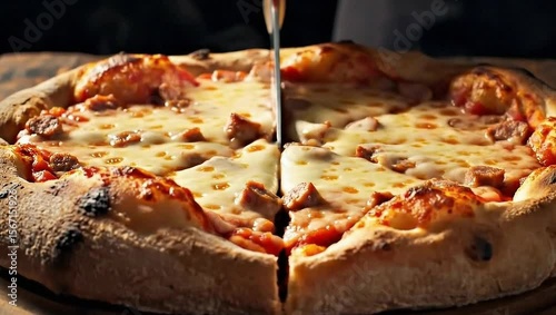 baked  pizza being cut into pieces