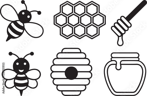 Honeycomb, Bees, Honey Jar, Beehive: Cute Black and White Icons