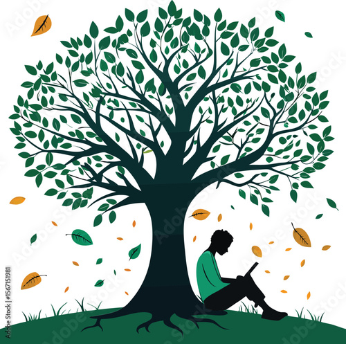 This collection of images depicts illustrations related to reading, including open books, reading figures, and a person