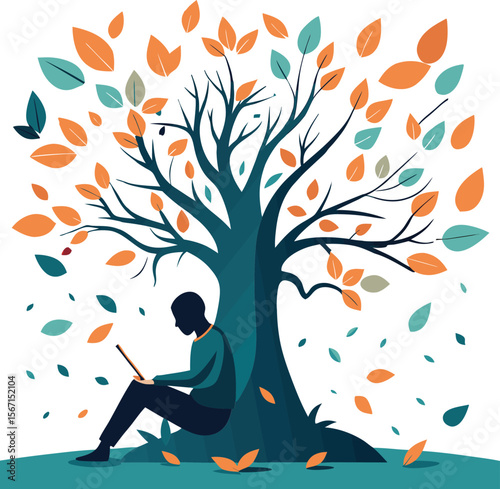 This collection of images depicts illustrations related to reading, including open books, reading figures, and a person