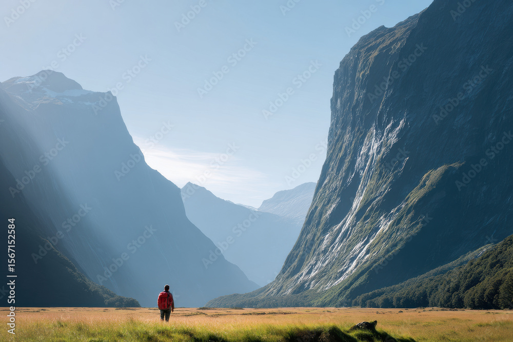 Fototapeta premium A solitary traveler standing against a majestic mountain landscape in New Zealand.
