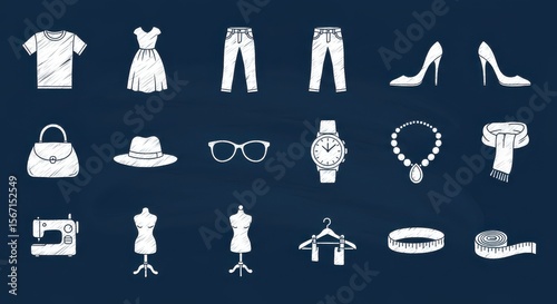 A collection of 16 distinct, white, flat-design icons rendered in a chalk-drawing style, on a navy blue blackboard background. Each icon represents a popular fashion or apparel theme. 