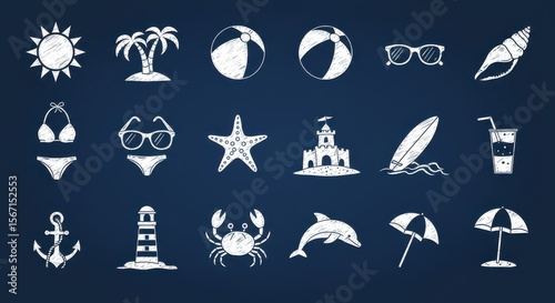 A collection of 16 distinct, white, flat-design icons rendered in a chalk-drawing style, on a navy blue blackboard background. Each icon represents a popular beach, ocean, or summer theme.
