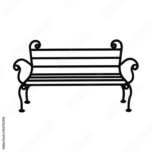 wooden bench with curved armrests  black line art 