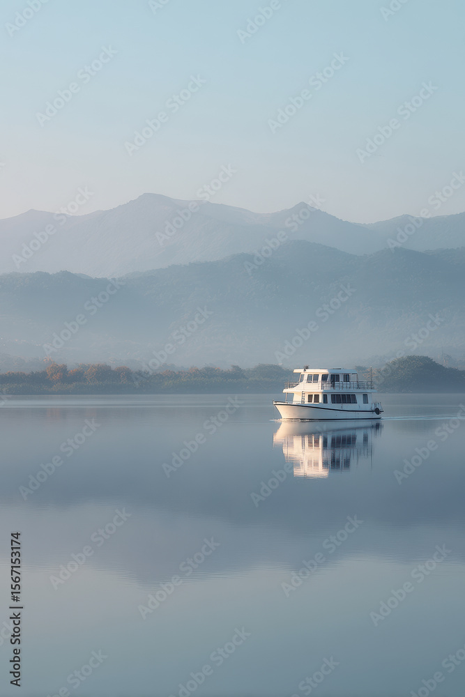 Obraz premium A serene and minimalist landscape depicting a tranquil cruise route, featuring calm waters and distant mountains under a clear sky.