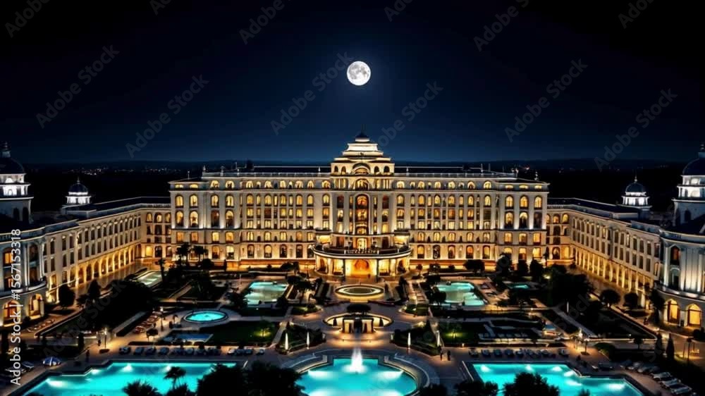 Luxurious Palace Hotel Illuminated at Night with Full Moon, Grand Resort Exterior with Swimming Pools Under Moonlight, Opulent European-Style Hotel Lit Up at Dusk with Gardens