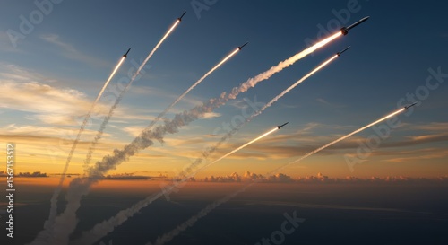A highly realistic and dramatic photograph of multiple small, agile rockets in active launch or flight across a vast sky. The scene should convey speed, energy, and a sense of dynamic movement.
