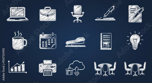 A collection of 12 distinct, white, flat-design icons rendered in a chalk-drawing style, on a navy blue blackboard background. Each icon represents a popular office or business theme. Maintain a clean
