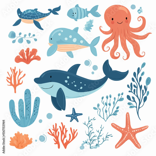 Adorable flat underwater animal set with whale, dolphin, turtle, octopus, starfish and coral in soft colors for nursery wall art, packaging, printable crafts and children’s decor

