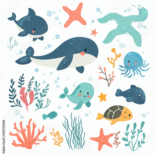 Playful flat underwater animal clipart set with cute whale, dolphin, turtle, octopus, starfish and coral for nursery decor, packaging, printable crafts and greeting cards
