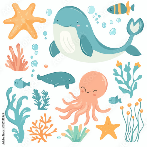 Playful flat underwater clipart set with cute whale, octopus, starfish, fish and coral in soft pastel colors for nursery prints, packaging, greeting cards and printable crafts
