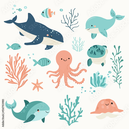 Cute flat underwater animals clipart set with childlike whale, dolphin, turtle, octopus, starfish and coral for nursery wall art, packaging, DIY crafts and greeting cards
