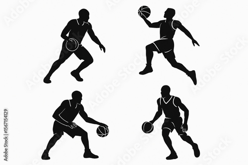 Basketball Player Silhouette Vector Set – Dynamic Action Poses in Different Styles on White Background