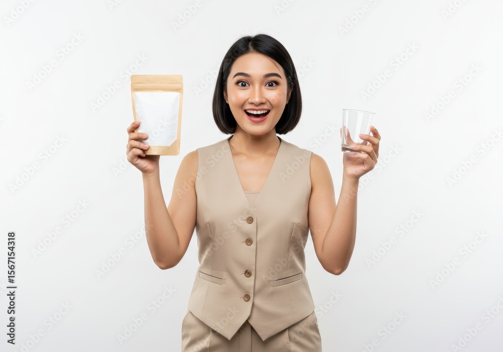 Happy Young Woman Holding Blank Kraft Packaging and Empty Glass Enthusiastically on White Background Happy Young Woman Holding Blank Kraft Packaging and Empty Glass Enthusiastically on White Background
