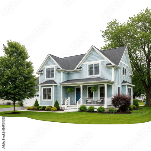 Two story house with green lawn isolated on transparent background