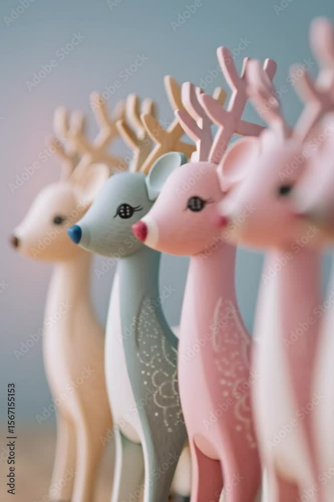 Colorful wooden reindeer figurines in a row. Each reindeer has antlers and a unique pastel color. Ideal for holiday decorations or festive themes.