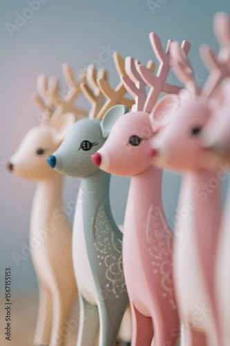 Colorful wooden reindeer figurines in a row. Each reindeer has antlers and a unique pastel color. Ideal for holiday decorations or festive themes.
