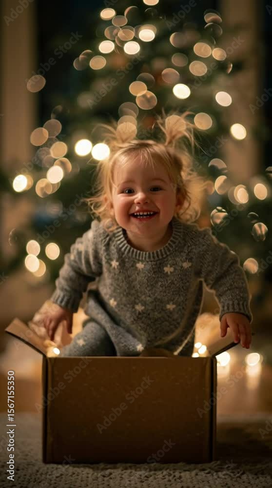 A joyful toddler with messy blond hair sits in a golden gift box surrounded by twinkling lights and a decorated Christmas tree in the background.