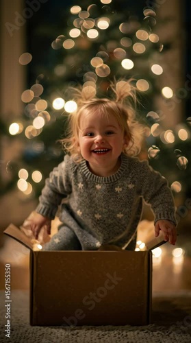 A joyful toddler with messy blond hair sits in a golden gift box surrounded by twinkling lights and a decorated Christmas tree in the background.