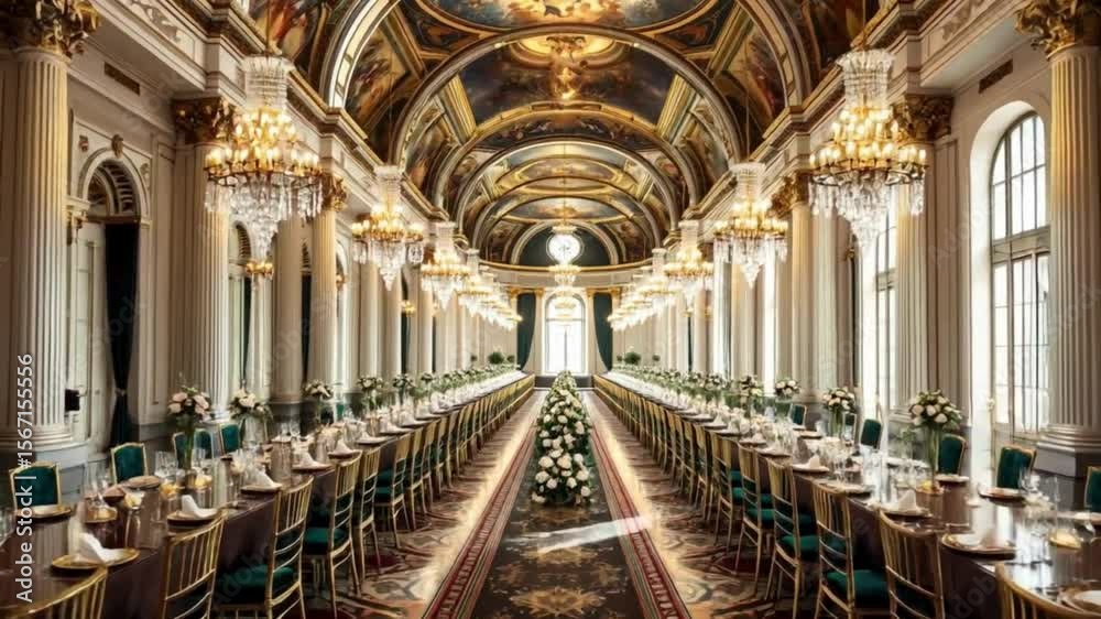 interior of church, Grand Ballroom Set for a Luxurious Wedding Reception or Banquet, Opulent Event Hall with Long Dining Table and Chandeliers, Elegant Palace Interior Ready for a Formal Gala or Celeb