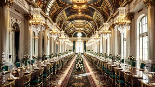 interior of church, Grand Ballroom Set for a Luxurious Wedding Reception or Banquet, Opulent Event Hall with Long Dining Table and Chandeliers, Elegant Palace Interior Ready for a Formal Gala or Celeb