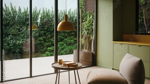 Interior of a kitchen with chair and table in olive green on transparent background