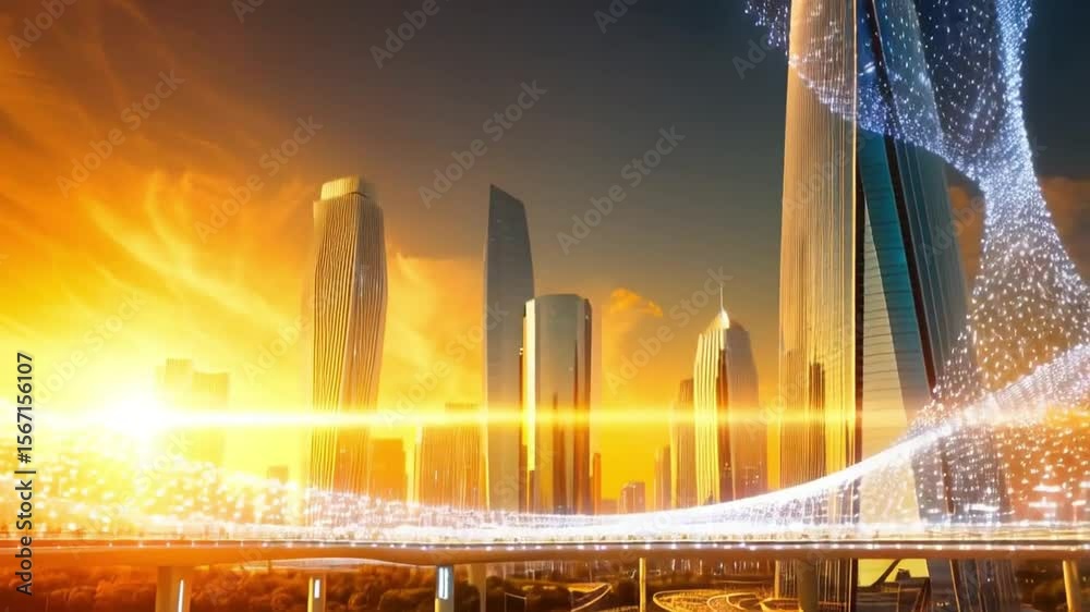 Cityscape view with futuristic bridge at bright sunset time on transparent background