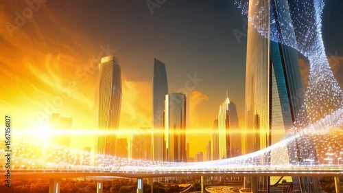 Cityscape view with futuristic bridge at bright sunset time on transparent background