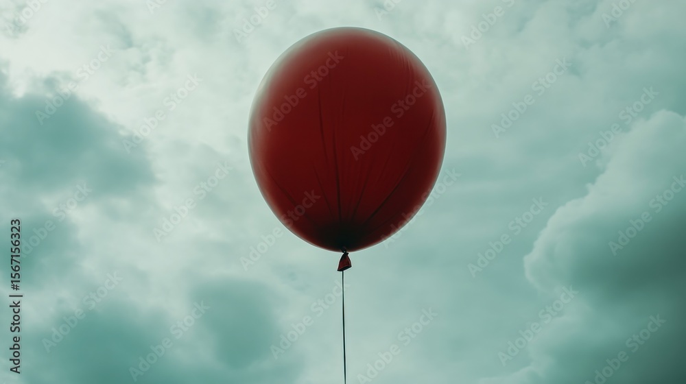 Obraz premium Solitary Red Balloon Ascending Against a Cloudy Teal Sky