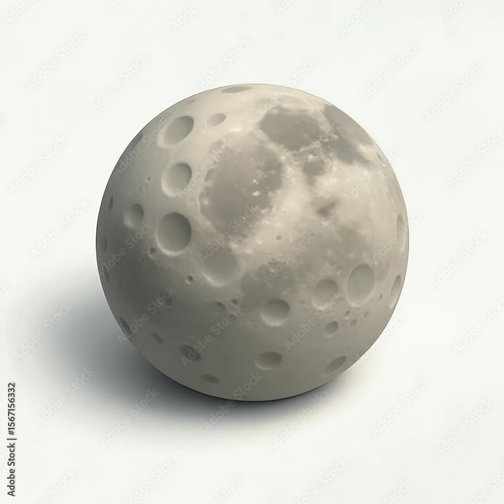 Gray moon 3D icon with craters casting soft shadows on a plain white background, it is seamlessly loopable