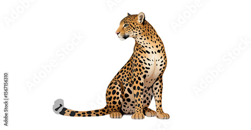Majestic leopard sitting gracefully with a focused gaze, showcasing its beautiful spotted coat against a transparent background.
