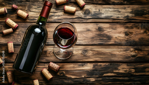 Bottle of red wine with a corkscrew and corks. On a wooden table.