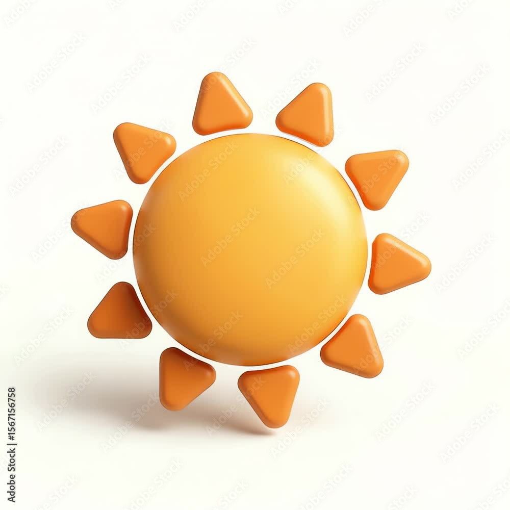 Orange sun 3D icon with triangular rays casting soft shadows on a plain white background, it is seamlessly loopable