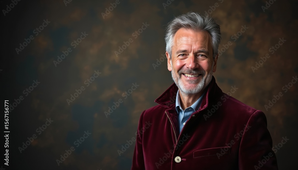 Fototapeta premium Smiling mature man with grey hair poses in front of dark textured background. He wears burgundy velvet jacket and blue shirt. Portrait reflects confidence and wisdom of age. Man smiles.